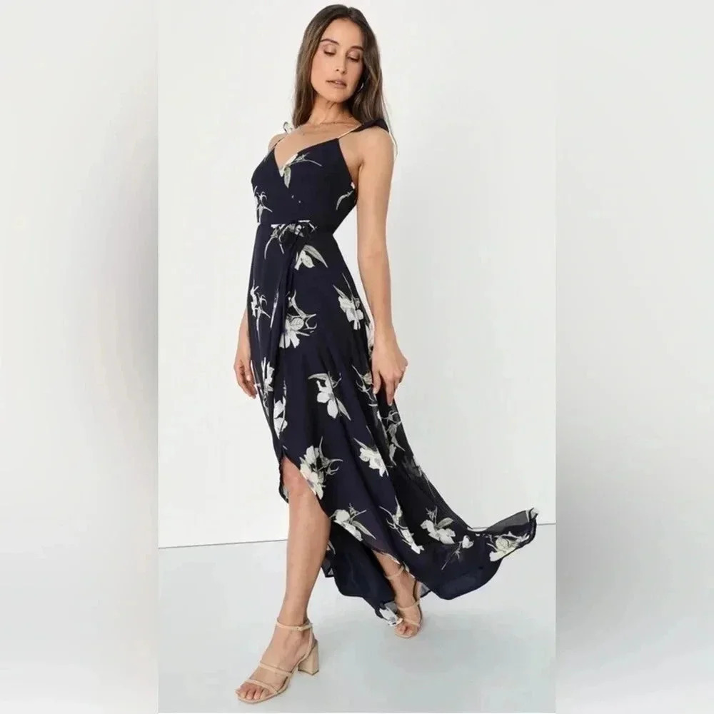 Lulus All Mine Navy Blue Floral High Low Wrap Dress Large